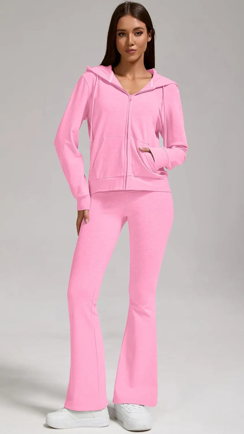 Women's 2-Piece Lounge Outfit-Lightweight Zip-Up Hoodie with Pockets & Low Rise Flare Leggings Yoga Sweatsuit Set