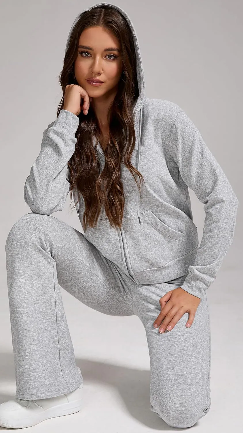 Women's 2-Piece Lounge Outfit-Lightweight Zip-Up Hoodie with Pockets & Low Rise Flare Leggings Yoga Sweatsuit Set