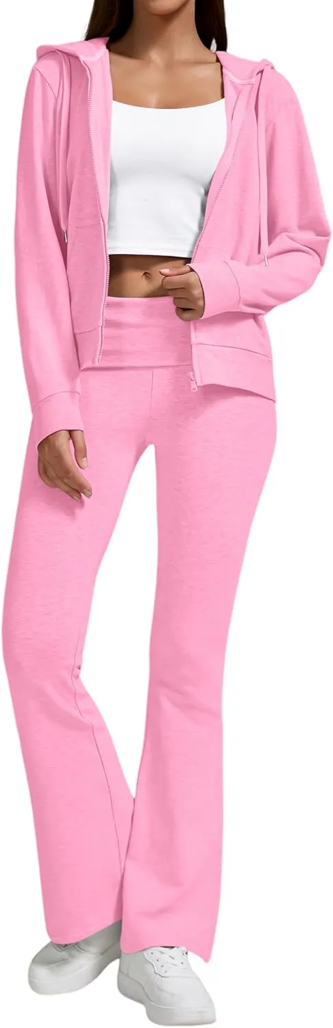 Women's 2-Piece Lounge Outfit-Lightweight Zip-Up Hoodie with Pockets & Low Rise Flare Leggings Yoga Sweatsuit Set