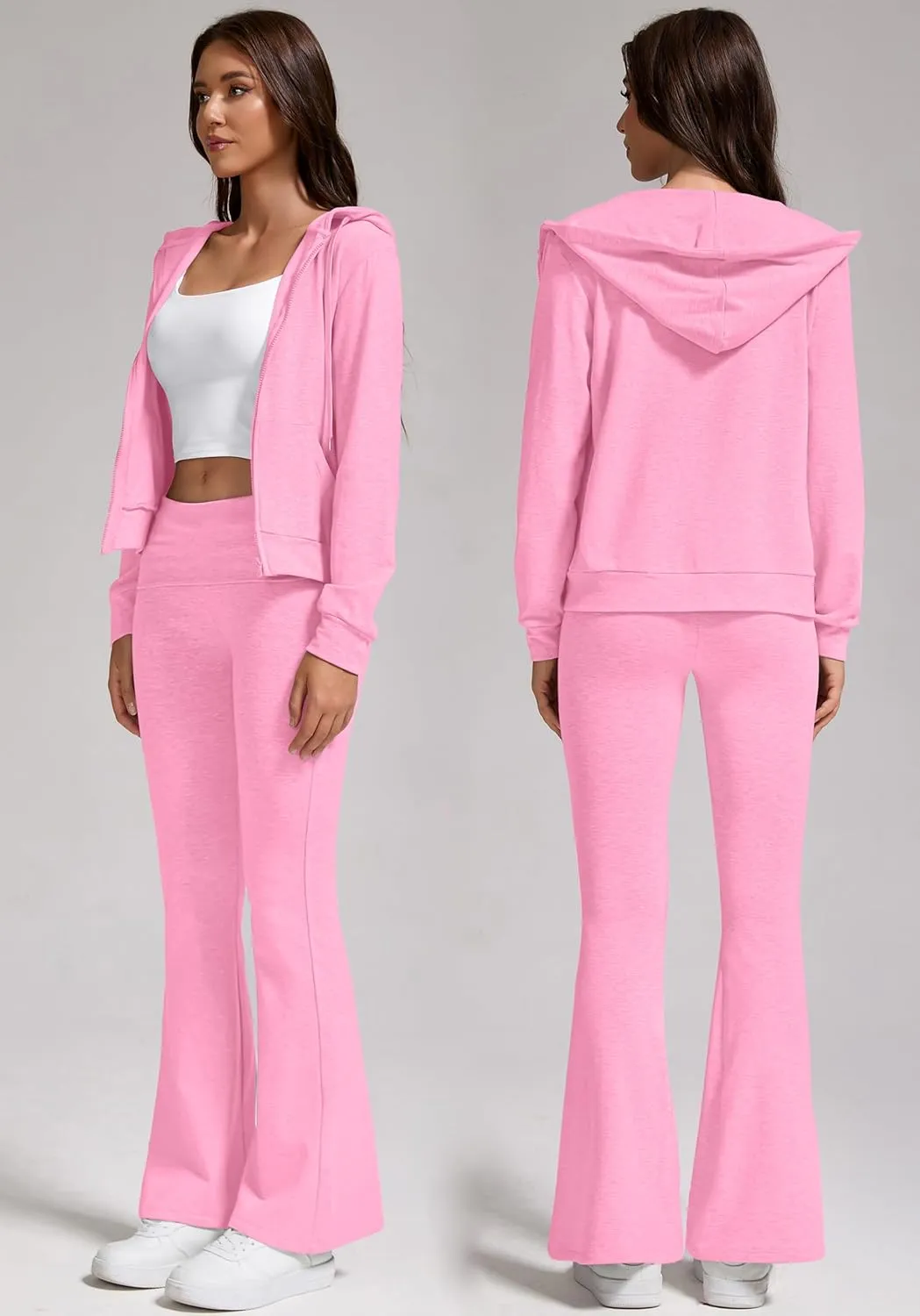 Women's 2-Piece Lounge Outfit-Lightweight Zip-Up Hoodie with Pockets & Low Rise Flare Leggings Yoga Sweatsuit Set
