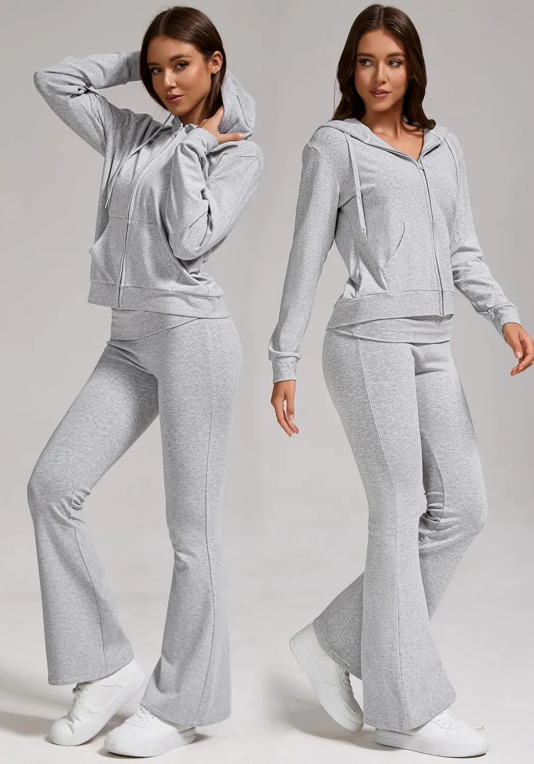 Women's 2-Piece Lounge Outfit-Lightweight Zip-Up Hoodie with Pockets & Low Rise Flare Leggings Yoga Sweatsuit Set