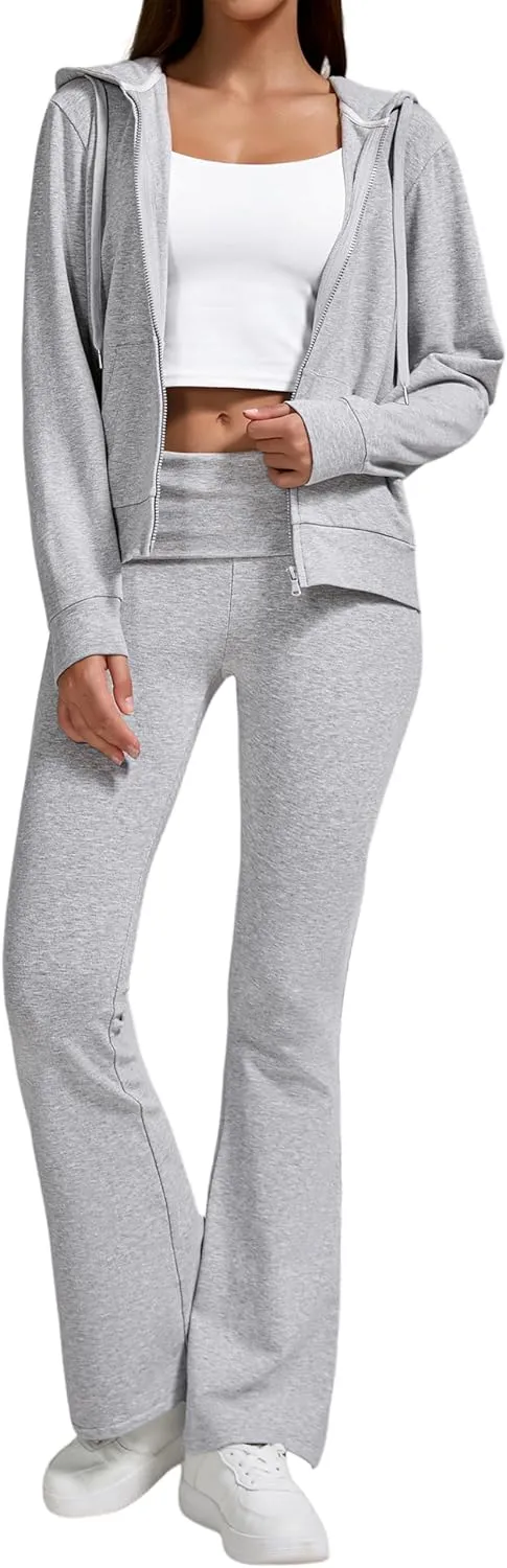 Women's 2-Piece Lounge Outfit-Lightweight Zip-Up Hoodie with Pockets & Low Rise Flare Leggings Yoga Sweatsuit Set