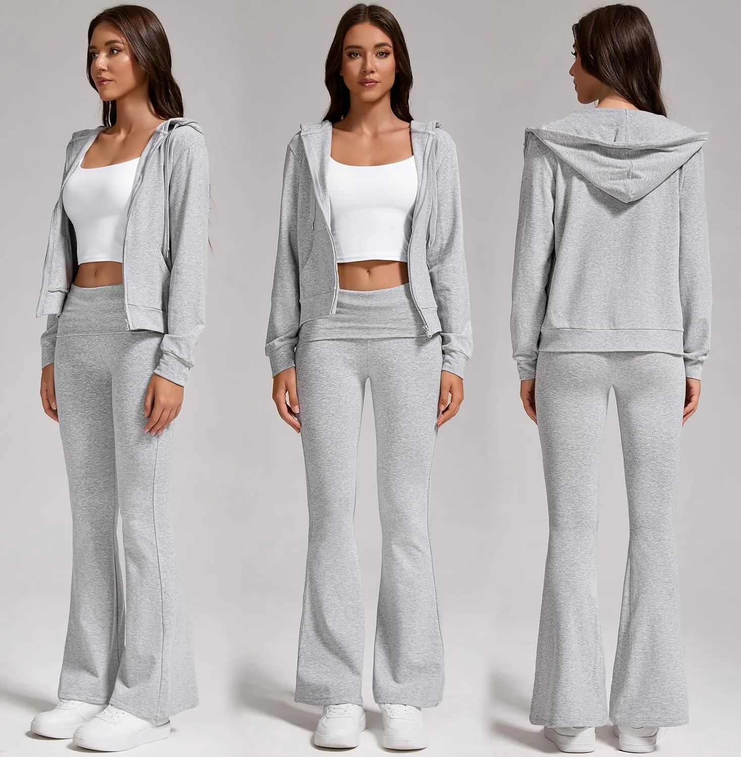 Women's 2-Piece Lounge Outfit-Lightweight Zip-Up Hoodie with Pockets & Low Rise Flare Leggings Yoga Sweatsuit Set