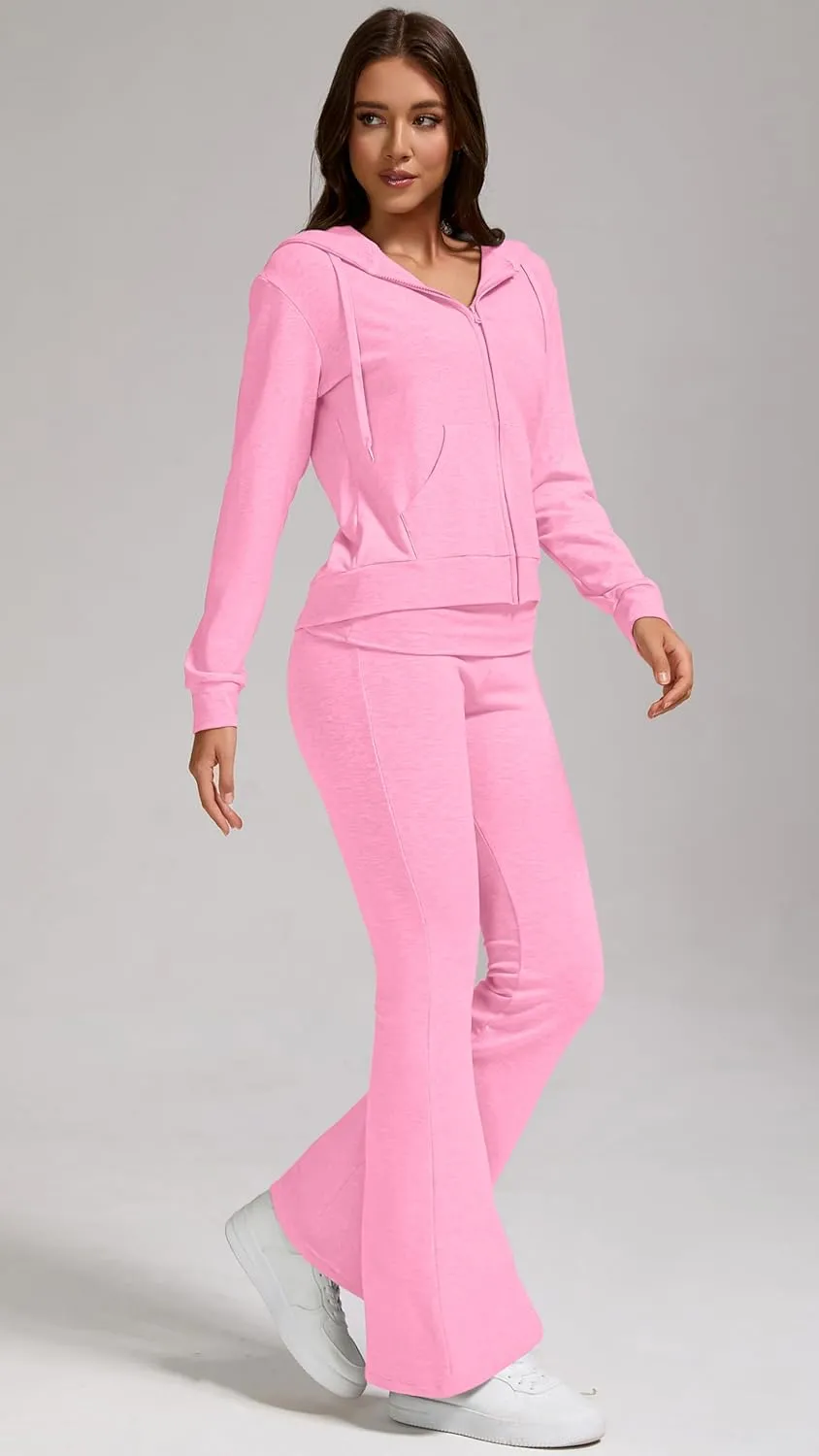 Women's 2-Piece Lounge Outfit-Lightweight Zip-Up Hoodie with Pockets & Low Rise Flare Leggings Yoga Sweatsuit Set