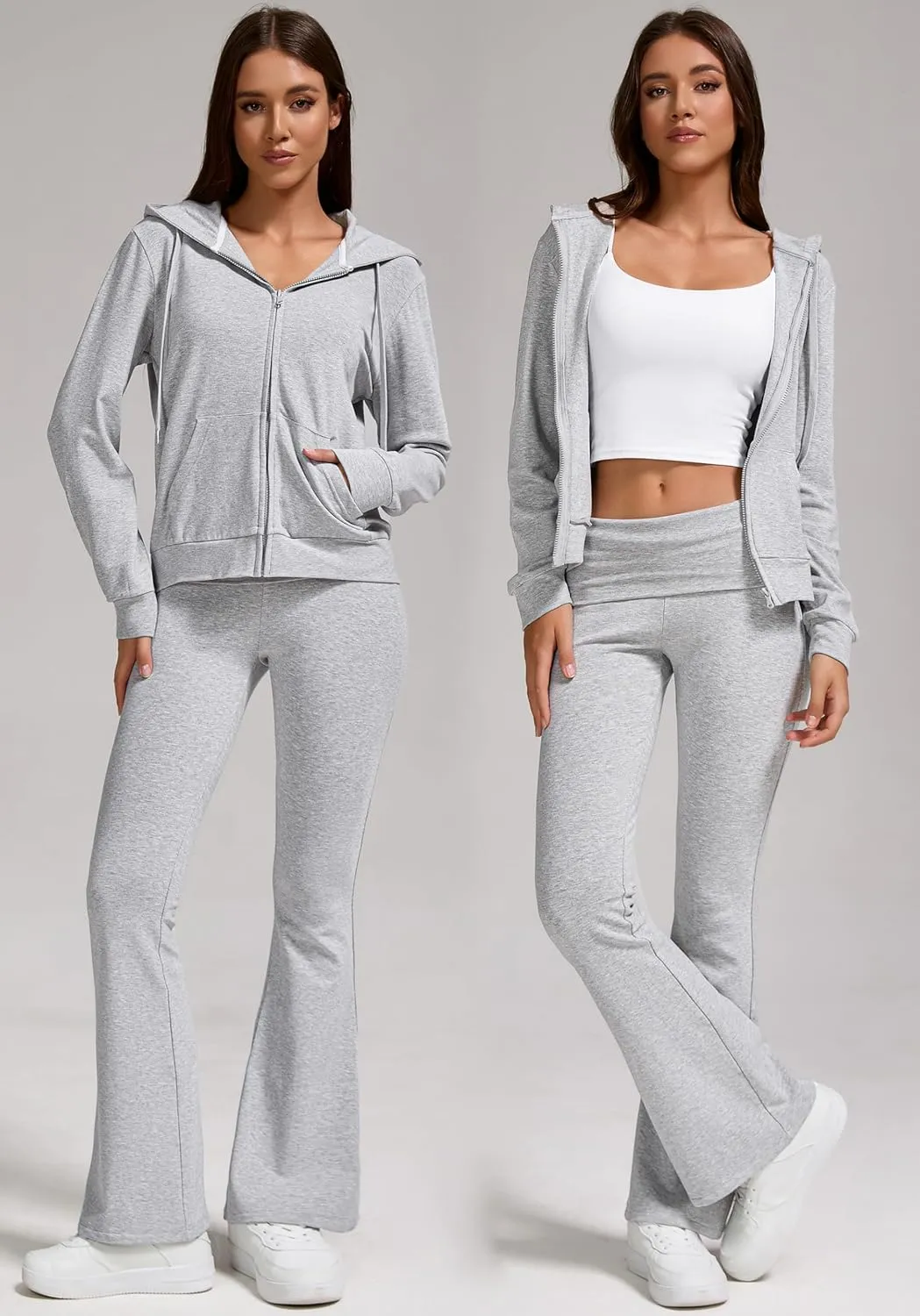 Women's 2-Piece Lounge Outfit-Lightweight Zip-Up Hoodie with Pockets & Low Rise Flare Leggings Yoga Sweatsuit Set