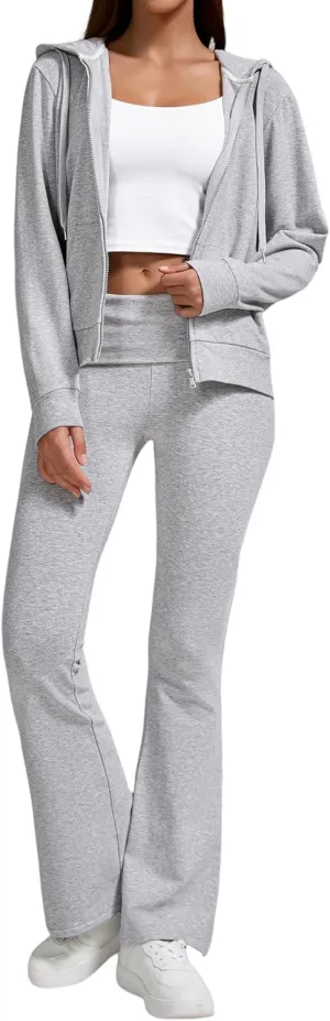 Women's 2-Piece Lounge Outfit-Lightweight Zip-Up Hoodie with Pockets & Low Rise Flare Leggings Yoga Sweatsuit Set