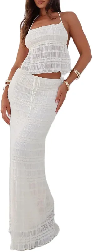 Womens 2 Piece Skirt Sets Lace Shirred Halter Tops and Swing Maxi Skirt Y2k Going Out Outfits Summer Beachwear