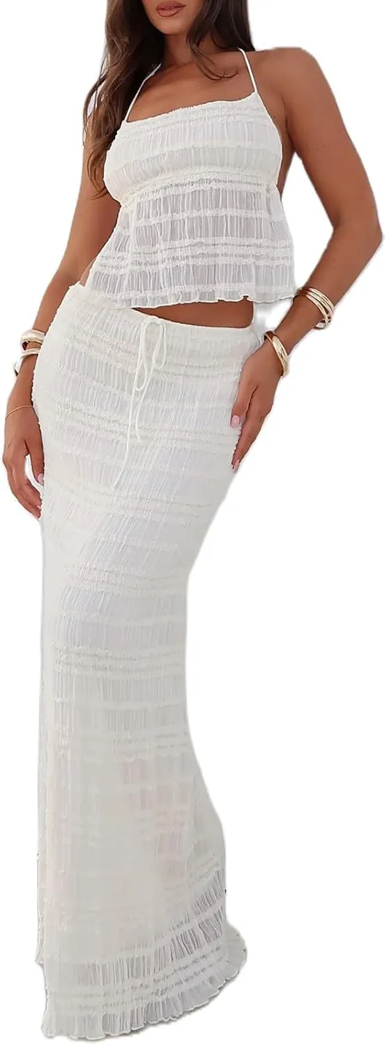 Womens 2 Piece Skirt Sets Lace Shirred Halter Tops and Swing Maxi Skirt Y2k Going Out Outfits Summer Beachwear