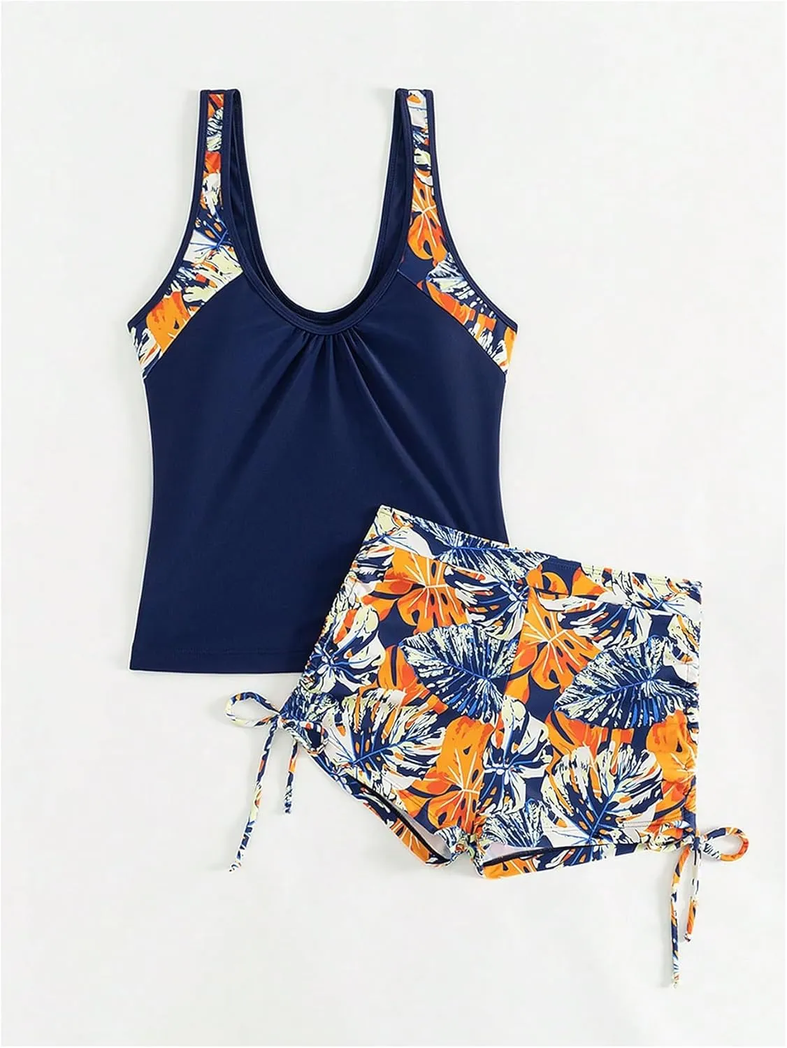 Women's 2 Pieces Tankini Set Sleeveless Tank Tops and Tie Side Mini Shorts Swimwear