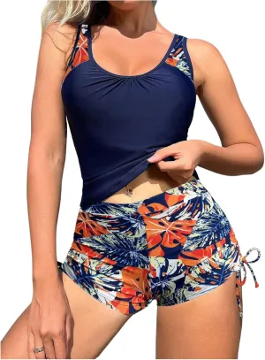 Women's 2 Pieces Tankini Set Sleeveless Tank Tops and Tie Side Mini Shorts Swimwear