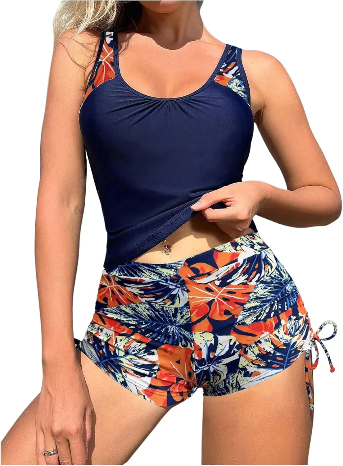 Women's 2 Pieces Tankini Set Sleeveless Tank Tops and Tie Side Mini Shorts Swimwear