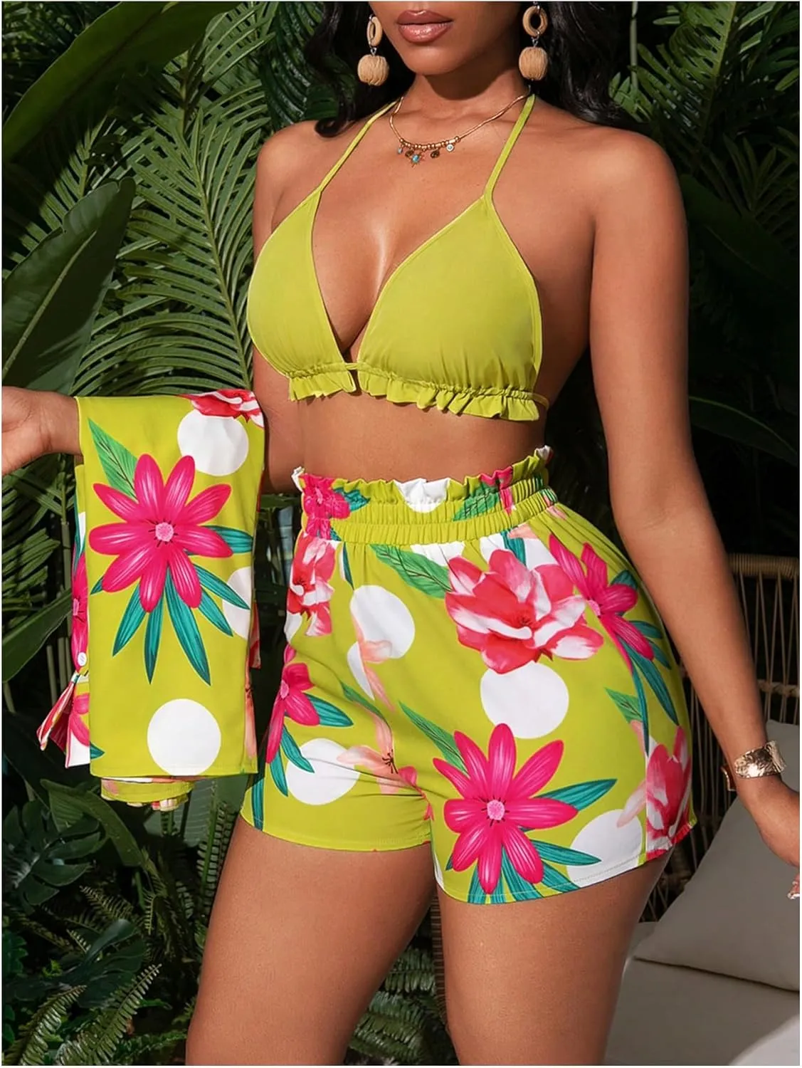 Women's 3 Piece Outfits Set Floral Tropical Cardigans Cover Up Sleeveless Crop Halter Top Short Suits Party