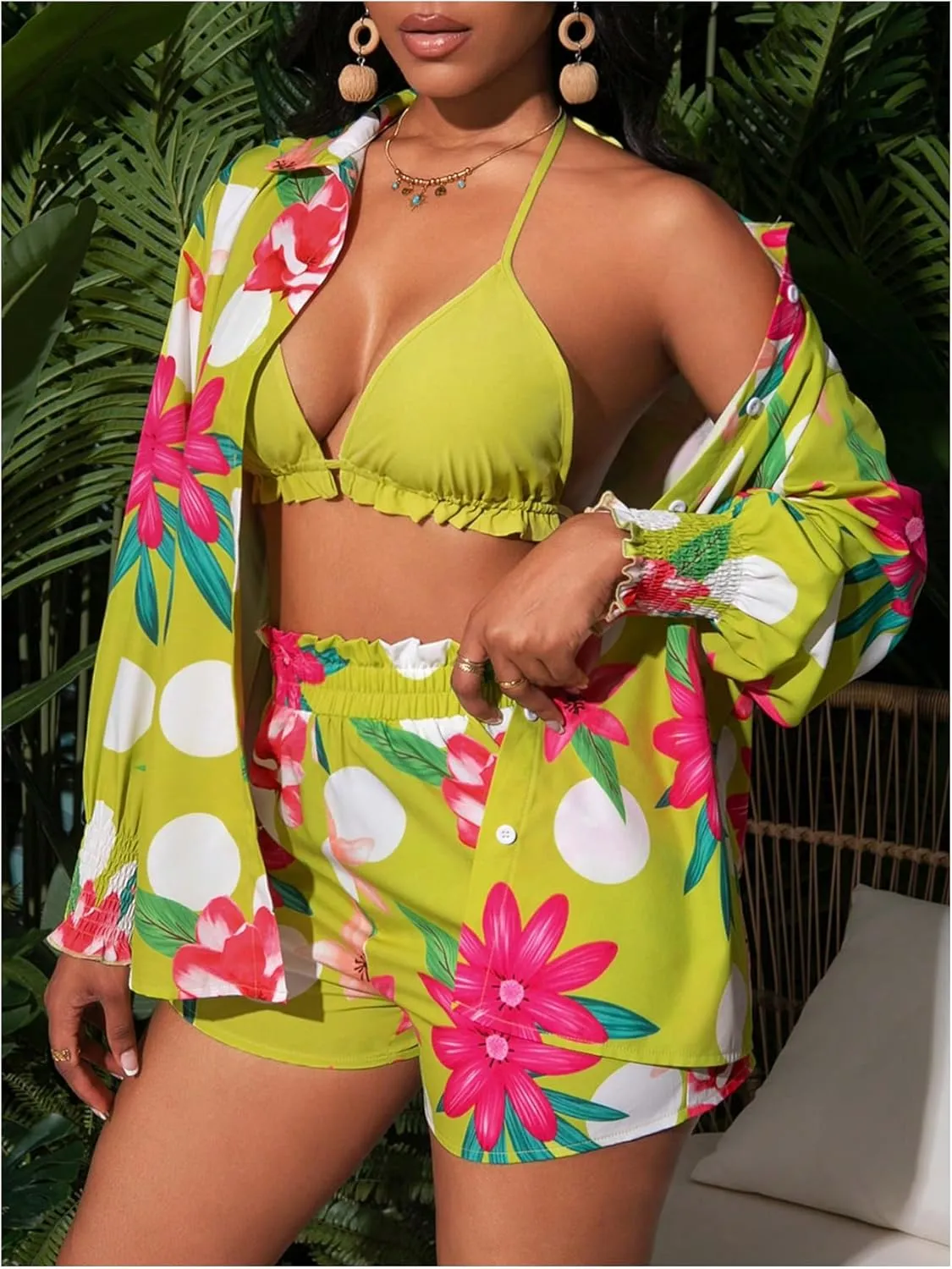 Women's 3 Piece Outfits Set Floral Tropical Cardigans Cover Up Sleeveless Crop Halter Top Short Suits Party