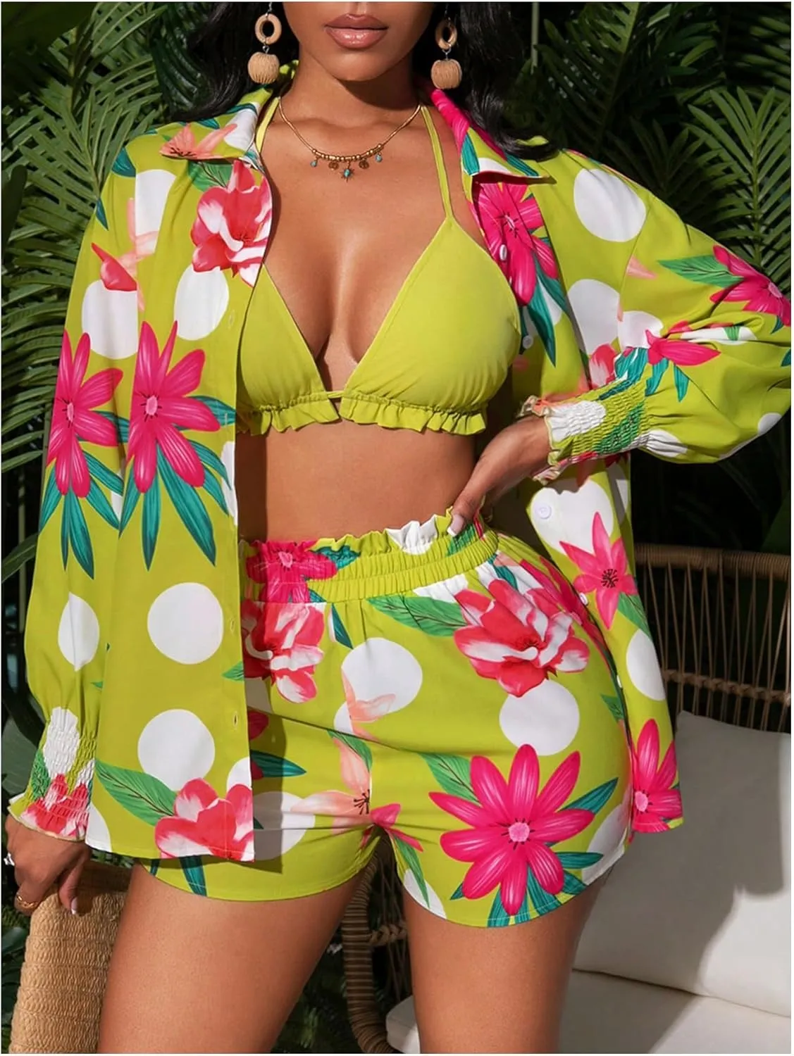 Women's 3 Piece Outfits Set Floral Tropical Cardigans Cover Up Sleeveless Crop Halter Top Short Suits Party