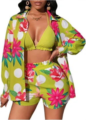 Women's 3 Piece Outfits Set Floral Tropical Cardigans Cover Up Sleeveless Crop Halter Top Short Suits Party