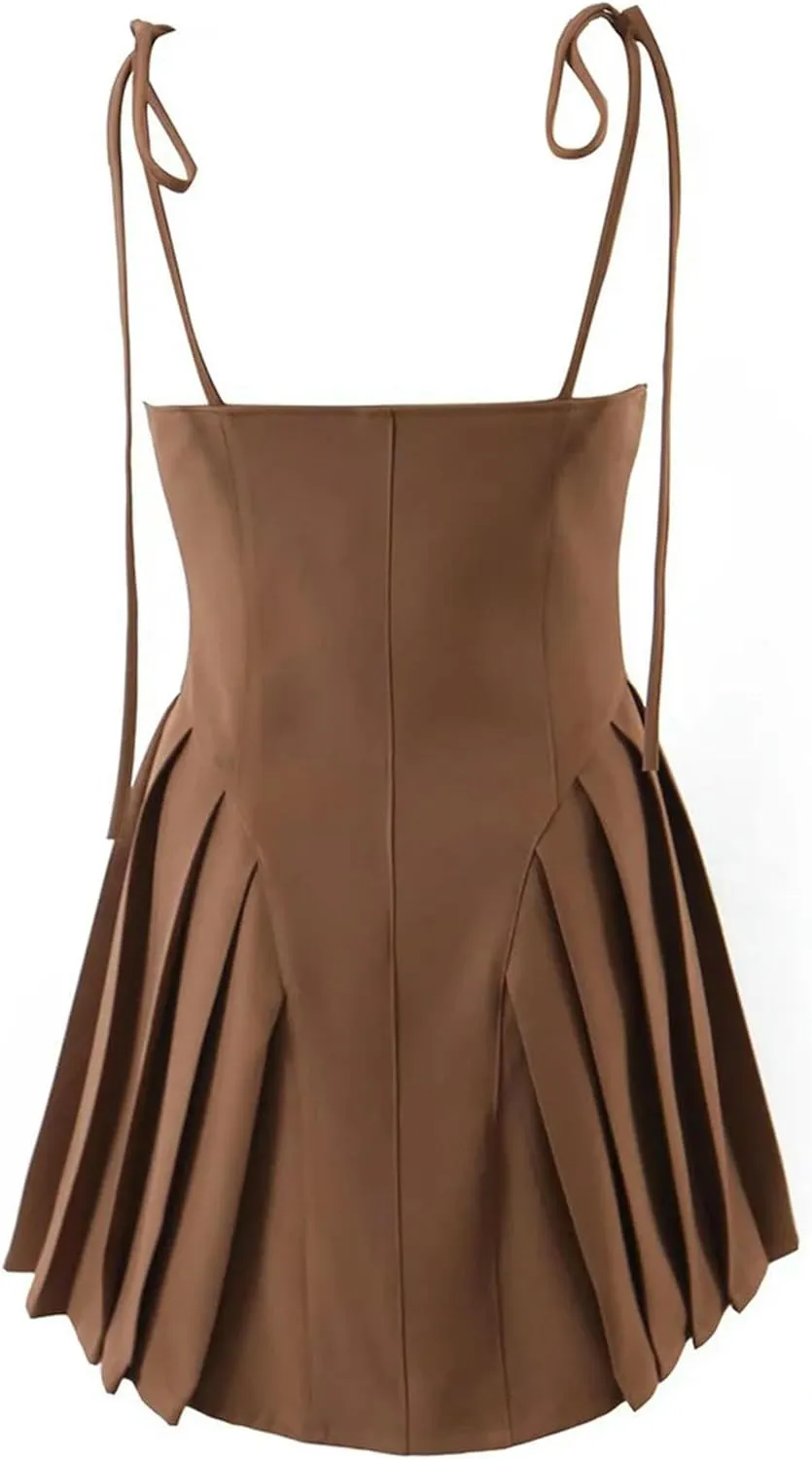 Women's Brown Front Zip Camisole Dress Summer Women's Short Tank Top