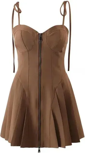 Women's Brown Front Zip Camisole Dress Summer Women's Short Tank Top
