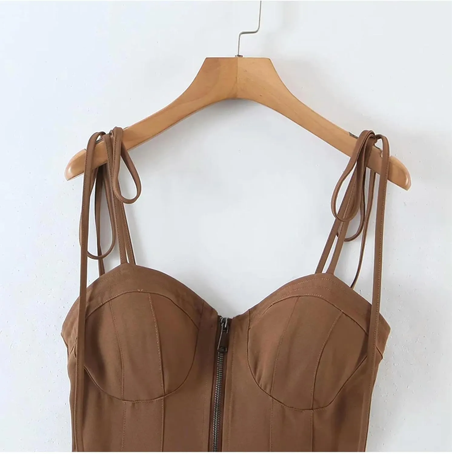 Women's Brown Front Zip Camisole Dress Summer Women's Short Tank Top