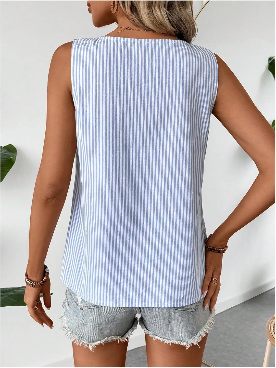 Women's Button Asymmetrical V Neck Striped Print Blouses Casual Sleeveless Tank Top Summer Shirt Tops