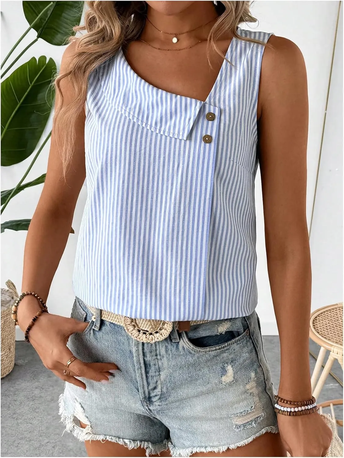Women's Button Asymmetrical V Neck Striped Print Blouses Casual Sleeveless Tank Top Summer Shirt Tops
