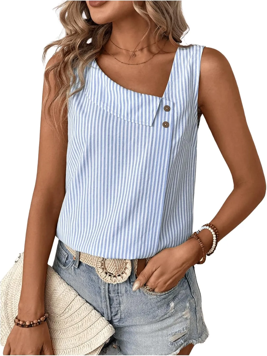 Women's Button Asymmetrical V Neck Striped Print Blouses Casual Sleeveless Tank Top Summer Shirt Tops