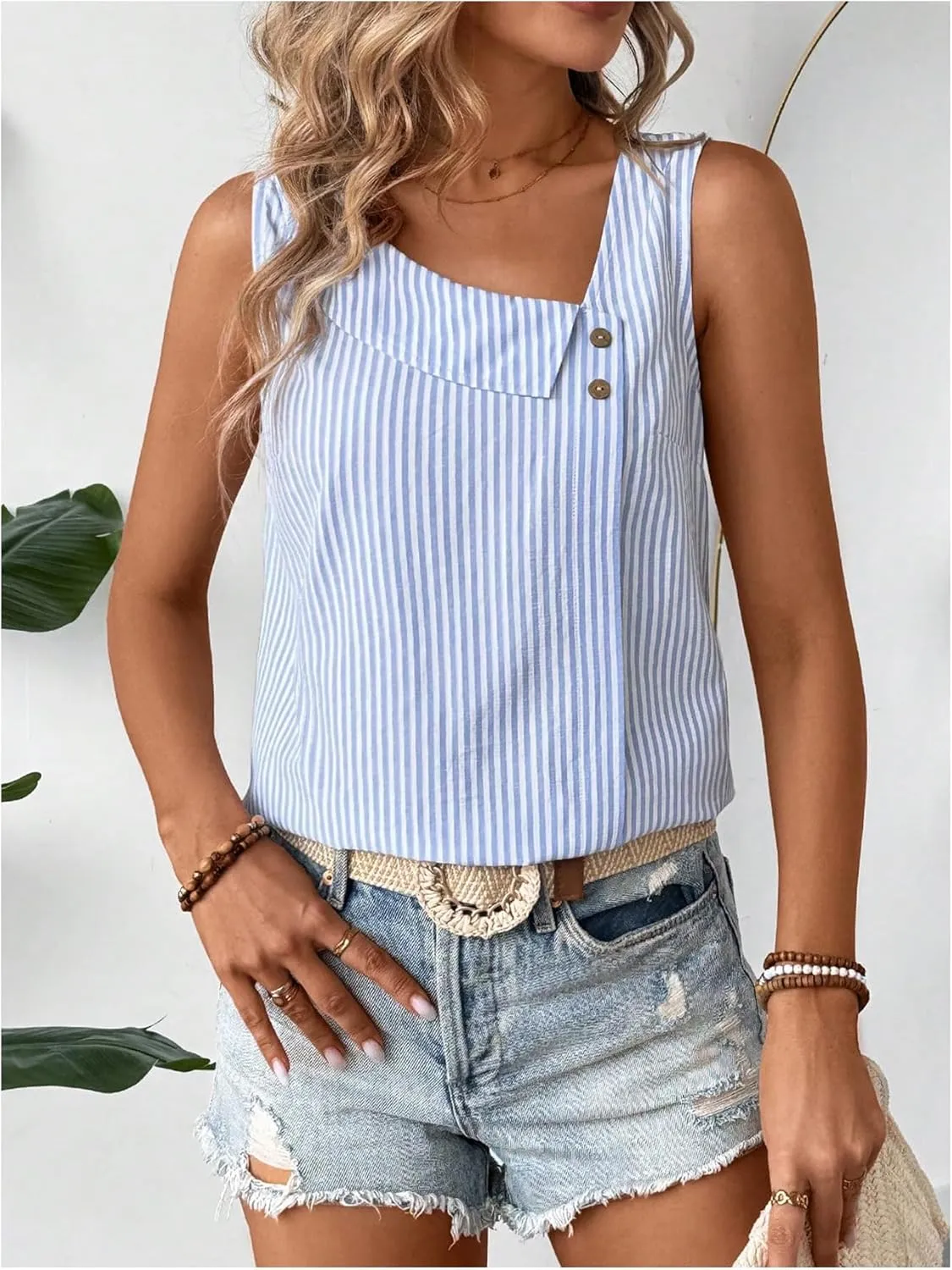 Women's Button Asymmetrical V Neck Striped Print Blouses Casual Sleeveless Tank Top Summer Shirt Tops