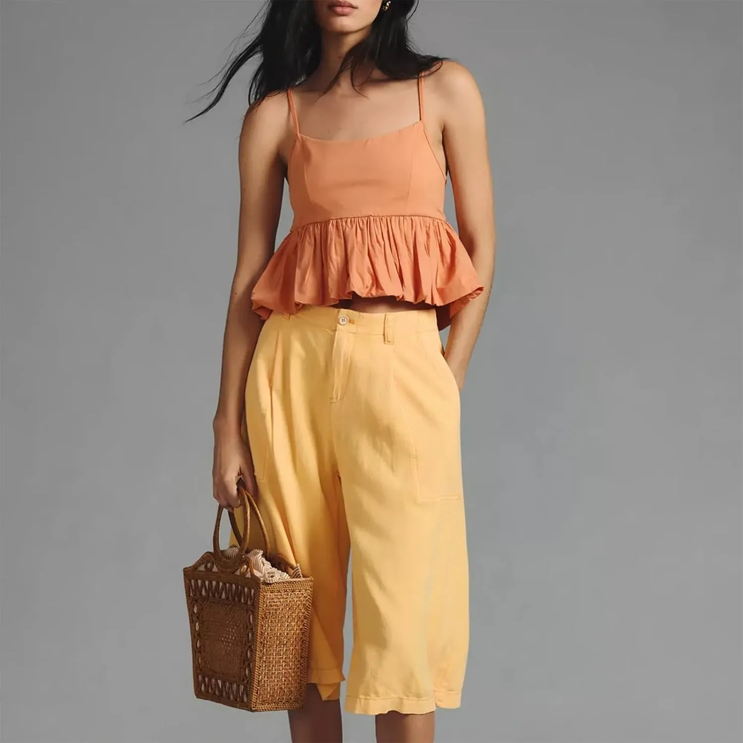 Women's Cami Tank Tops Sleeveless Spaghetti Strap Bubble Hem Slim Fit Camisole Summer Shirt