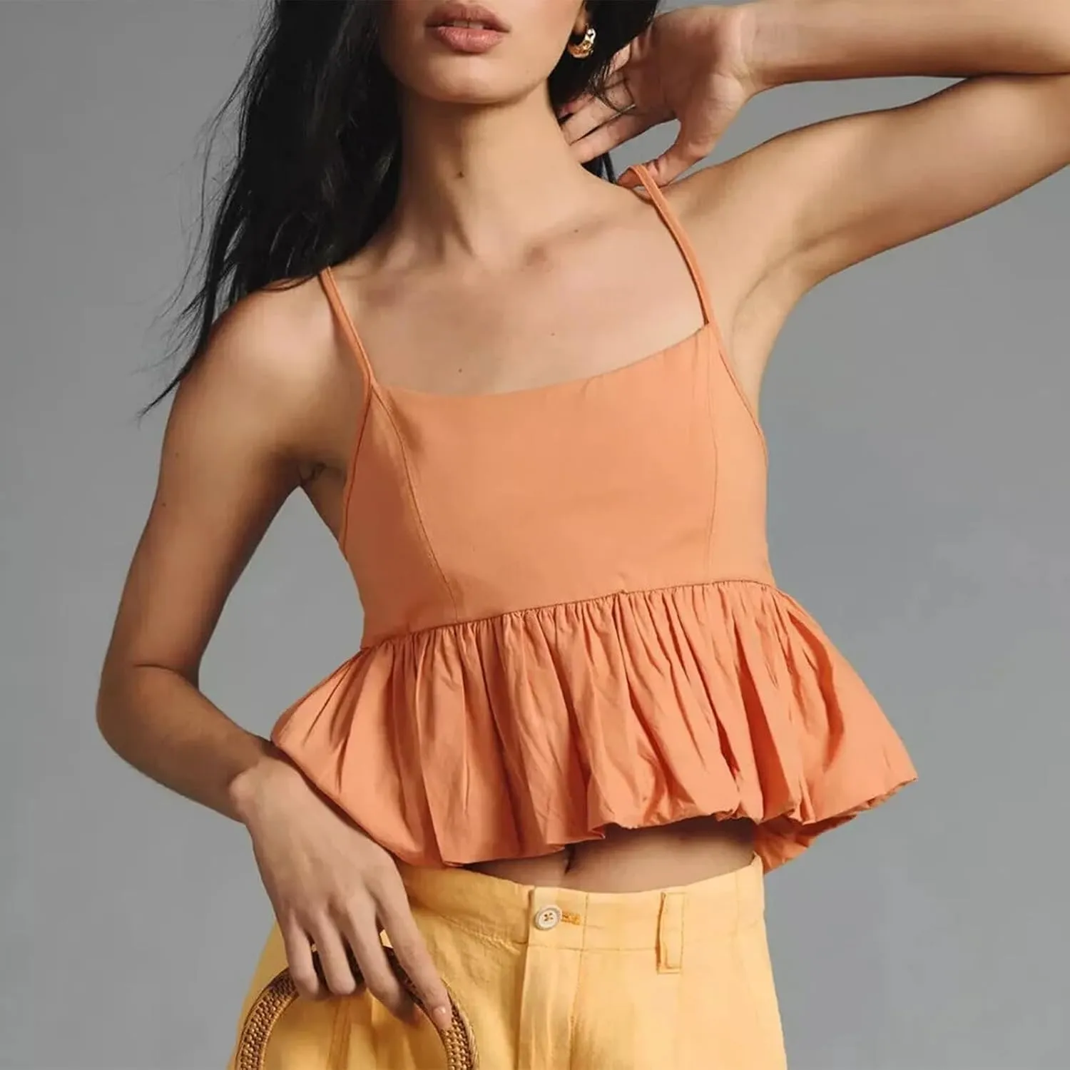Women's Cami Tank Tops Sleeveless Spaghetti Strap Bubble Hem Slim Fit Camisole Summer Shirt