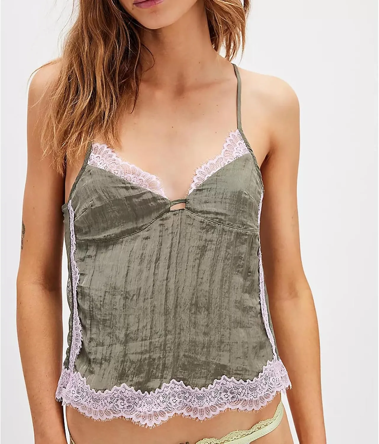 Women's Camisole Tank Tops Spaghetti Strap Deep V Neck Open Back Going Out Sleeveless Lace Crop Tops Streetwear