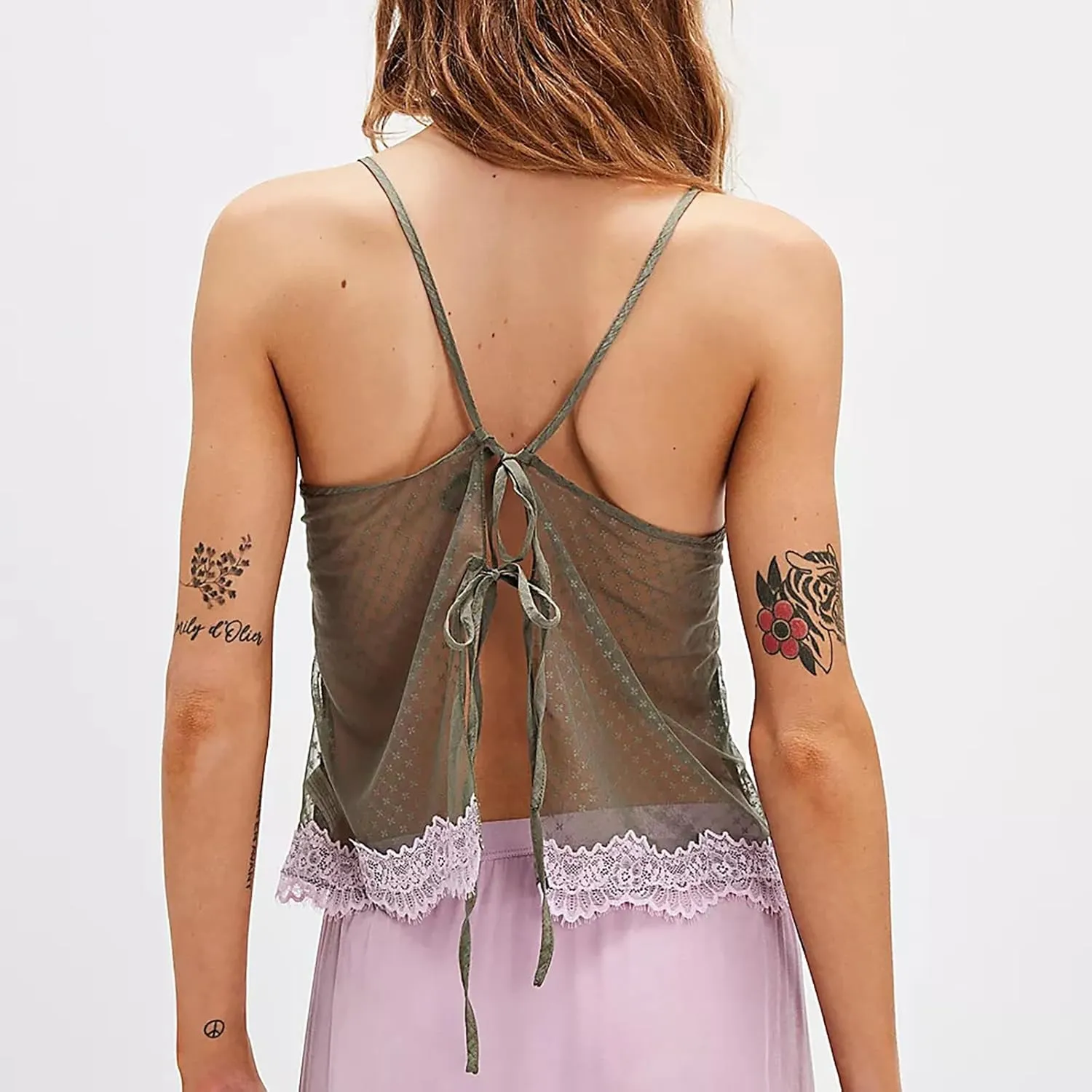 Women's Camisole Tank Tops Spaghetti Strap Deep V Neck Open Back Going Out Sleeveless Lace Crop Tops Streetwear