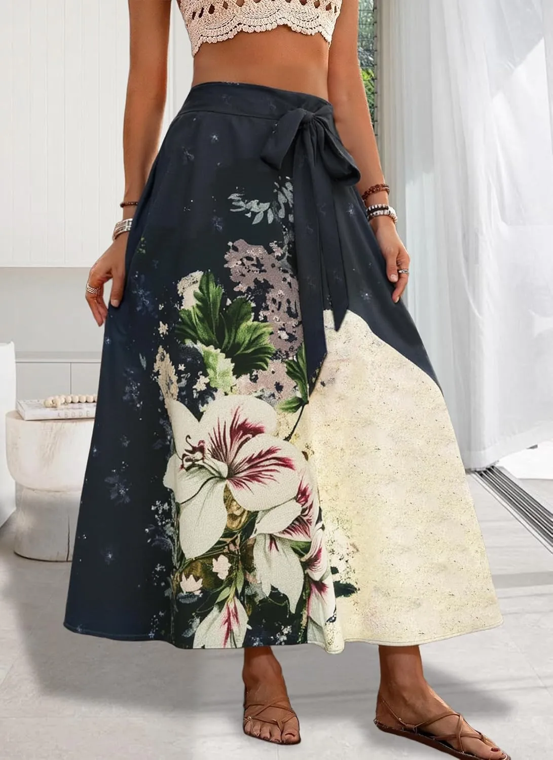 Women's Casual Elastic High Waisted Maxi Summer Skirt Tie Front A Line Floral Trendy Flowy Long Skirts