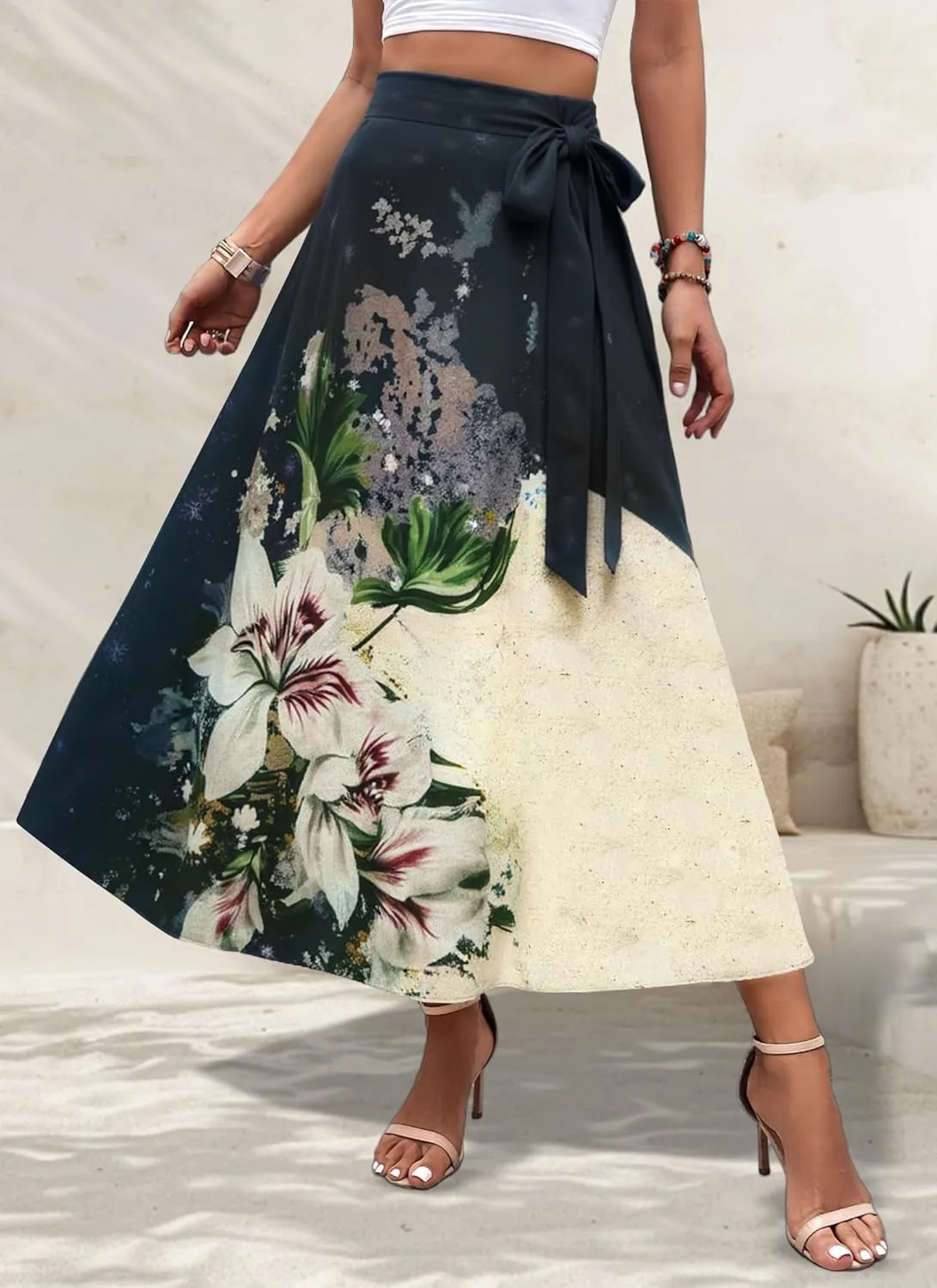 Women's Casual Elastic High Waisted Maxi Summer Skirt Tie Front A Line Floral Trendy Flowy Long Skirts