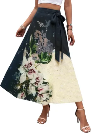 Women's Casual Elastic High Waisted Maxi Summer Skirt Tie Front A Line Floral Trendy Flowy Long Skirts