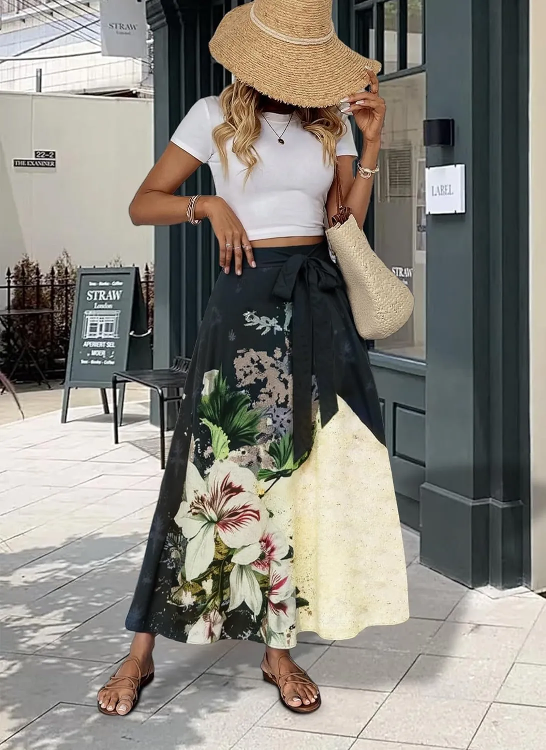 Women's Casual Elastic High Waisted Maxi Summer Skirt Tie Front A Line Floral Trendy Flowy Long Skirts