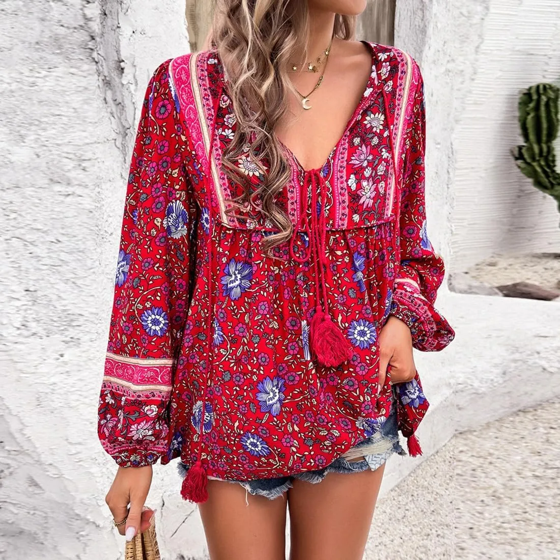 Women's Casual Floral Print V Neck Top Loose Boho Long Sleeve Beach Shirts Blouses