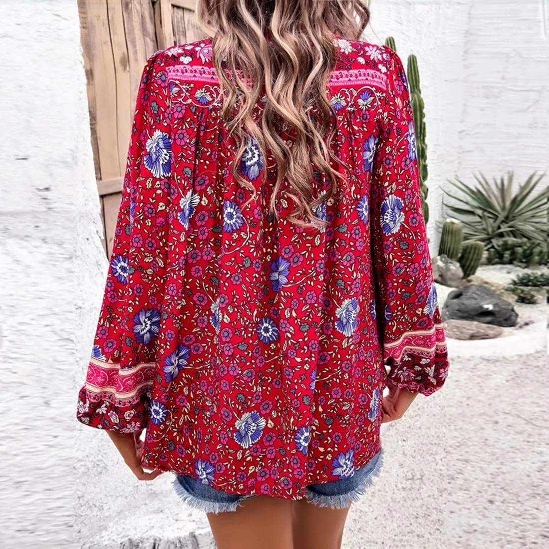 Women's Casual Floral Print V Neck Top Loose Boho Long Sleeve Beach Shirts Blouses