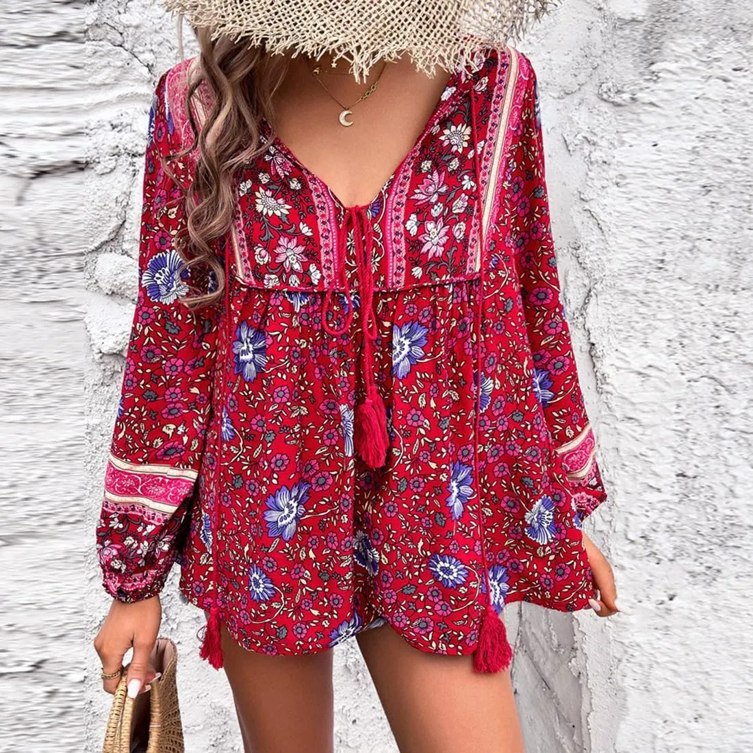 Women's Casual Floral Print V Neck Top Loose Boho Long Sleeve Beach Shirts Blouses