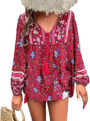 Women's Casual Floral Print V Neck Top Loose Boho Long Sleeve Beach Shirts Blouses
