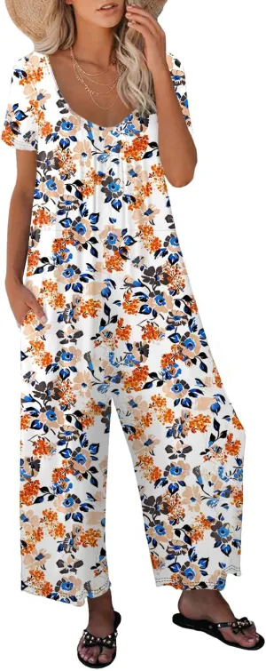 Womens Casual Jumpsuits One Piece Loose Stretchy Long Sleeve Fall Jumpsuit Wide Leg Long Pants Rompers with Pockets