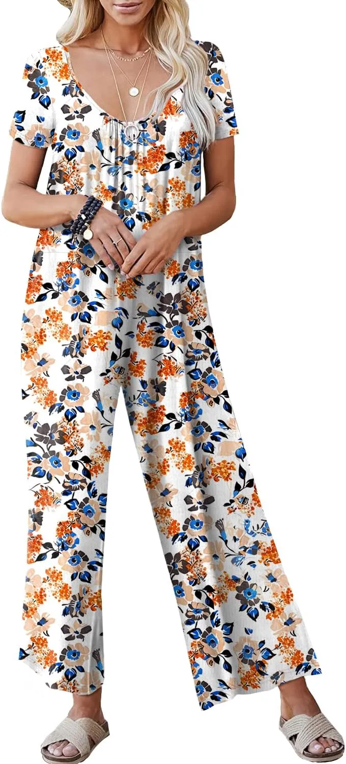 Womens Casual Jumpsuits One Piece Loose Stretchy Long Sleeve Fall Jumpsuit Wide Leg Long Pants Rompers with Pockets