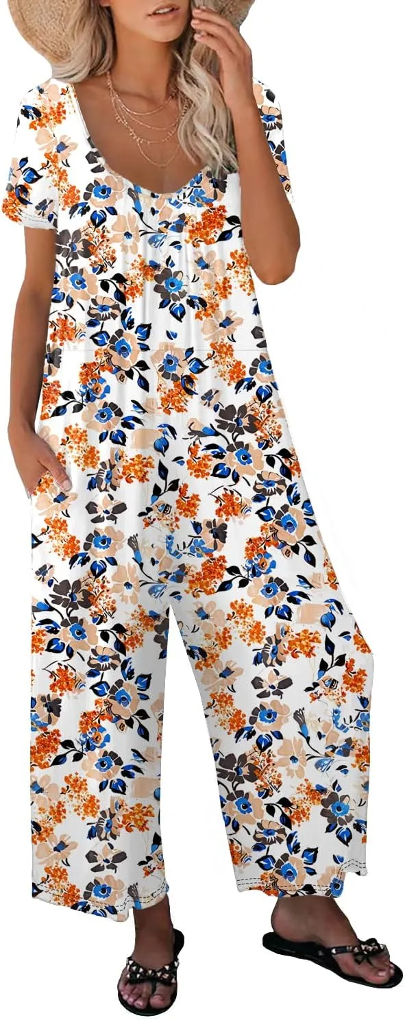Womens Casual Jumpsuits One Piece Loose Stretchy Long Sleeve Fall Jumpsuit Wide Leg Long Pants Rompers with Pockets