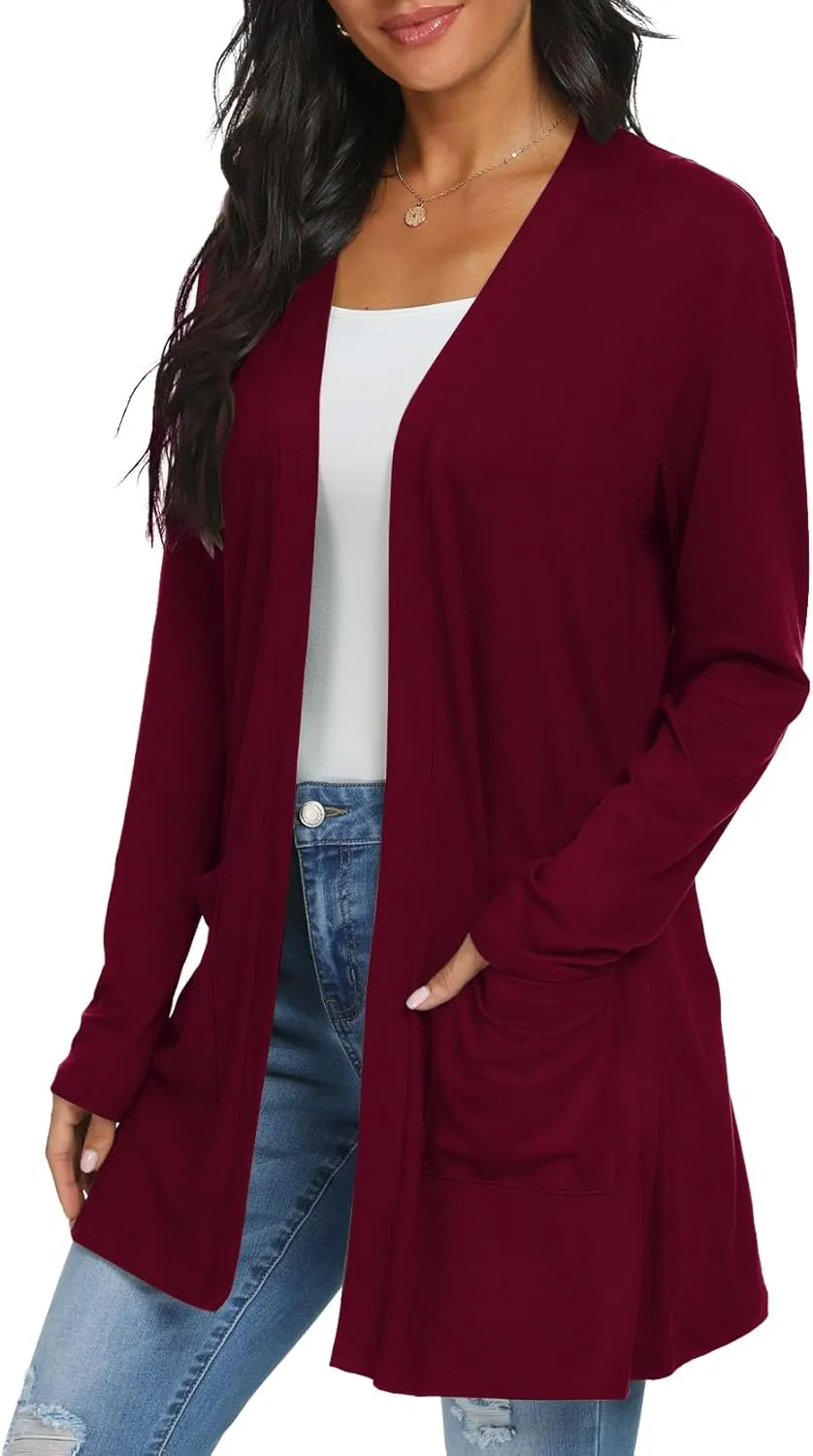 Womens Casual Lightweight with Pocketes Long Sleeve Open Front Cardigan