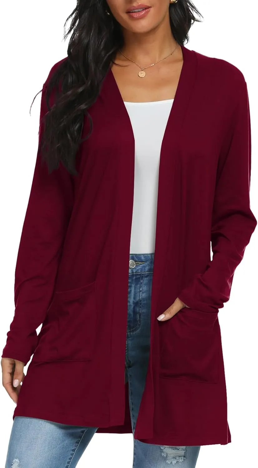 Womens Casual Lightweight with Pocketes Long Sleeve Open Front Cardigan