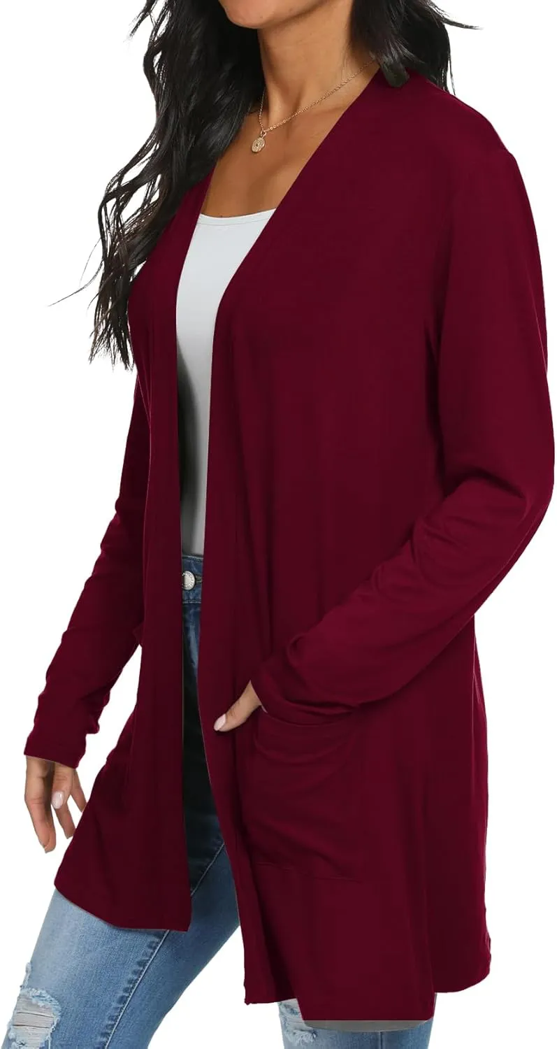 Womens Casual Lightweight with Pocketes Long Sleeve Open Front Cardigan