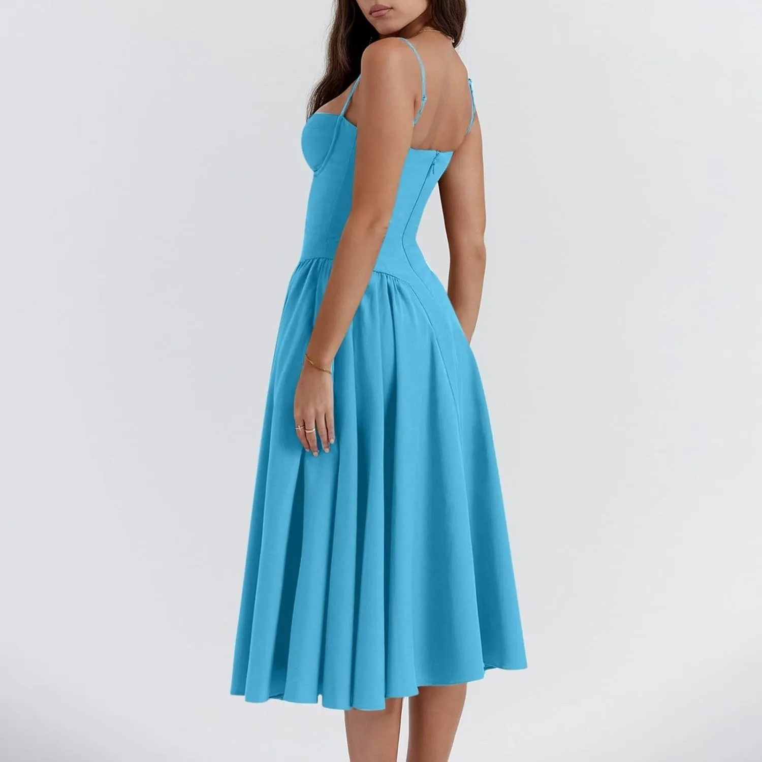 Womens Corset Dress Elegant Spaghetti Strap Bustier Midi Dress Flowy Pleated Hem Low Cut Prom Dresses with Pockets