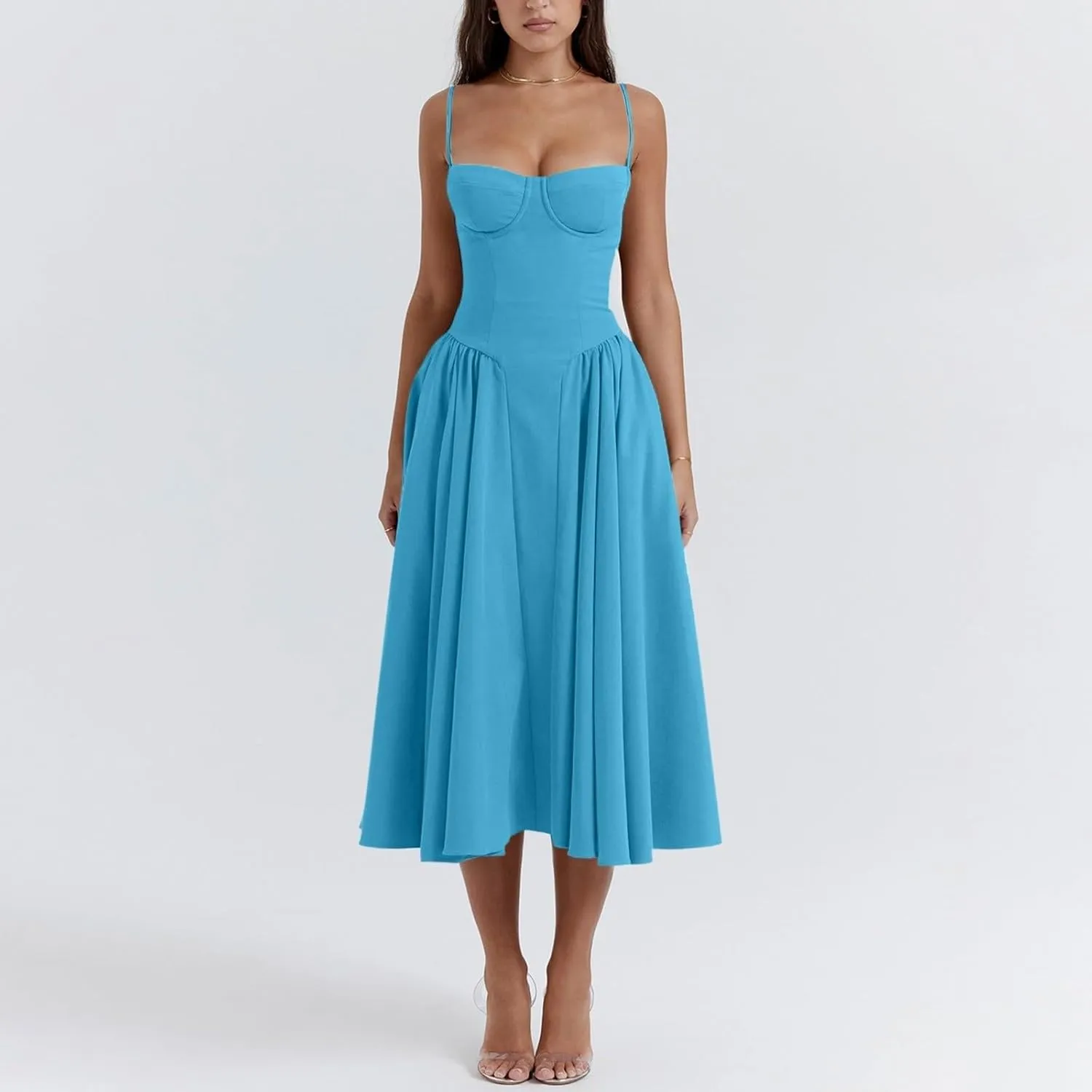 Womens Corset Dress Elegant Spaghetti Strap Bustier Midi Dress Flowy Pleated Hem Low Cut Prom Dresses with Pockets