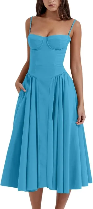 Womens Corset Dress Elegant Spaghetti Strap Bustier Midi Dress Flowy Pleated Hem Low Cut Prom Dresses with Pockets