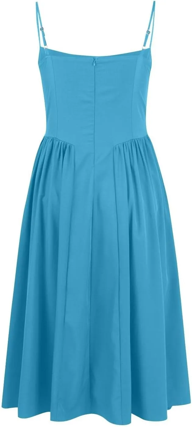 Womens Corset Dress Elegant Spaghetti Strap Bustier Midi Dress Flowy Pleated Hem Low Cut Prom Dresses with Pockets