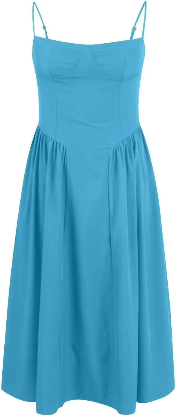 Womens Corset Dress Elegant Spaghetti Strap Bustier Midi Dress Flowy Pleated Hem Low Cut Prom Dresses with Pockets