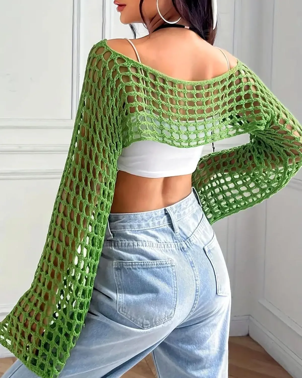 Womens Crochet Crop Tops Y2k Knit Shrug Sweater Hollow Out Long Sleeve Bikini See Through Cover Ups